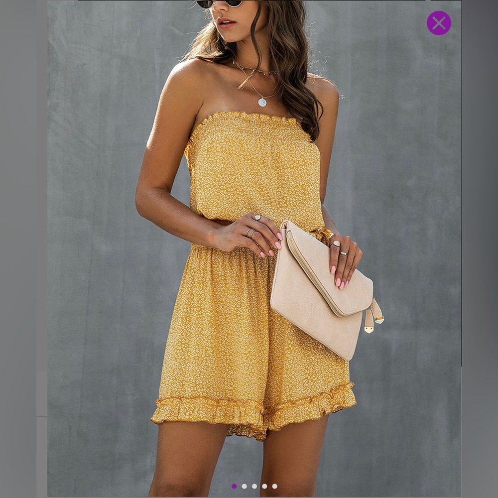Yellow floral, smocked, strapless romper